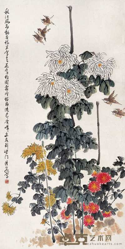 陆伯龙 菊雀图 立轴 136×69cm